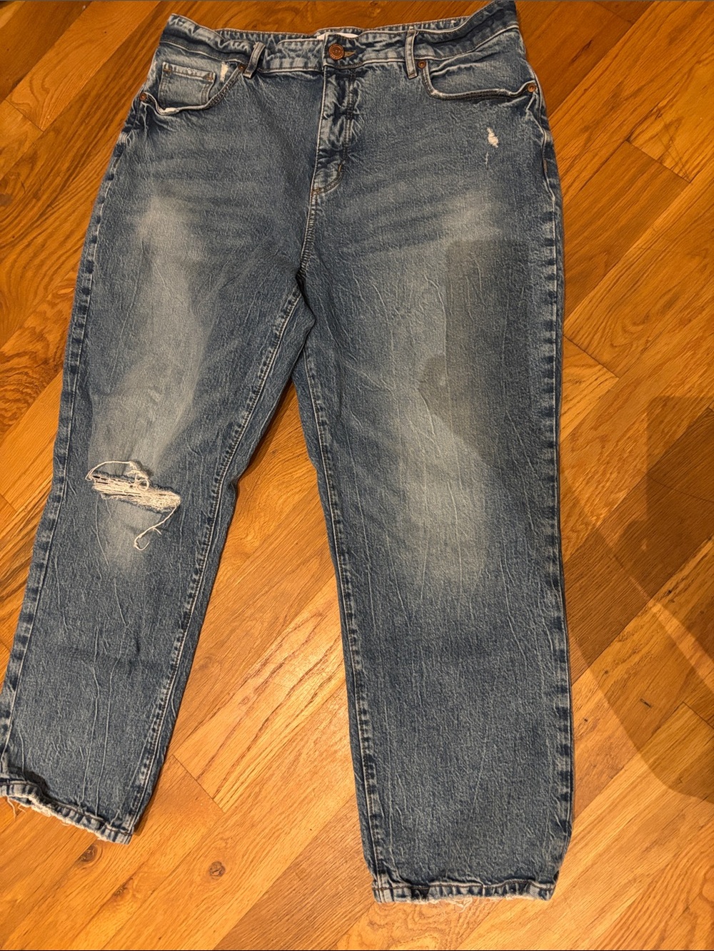 LOFT Curvy Straight Crop Jeans Size 14 High Waist Blue Distressed Ripped Denim